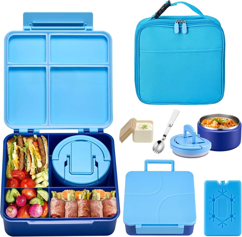 BABHAMNESS Bento Lunch Box with 8oz Soup Thermo,Kids Leakproof 4 Compartment Lunch Food Containers with Sauce Cup and Ice Pack,Kids Thermo Insulated Hot Food Jar and Lunch Bag for School,Trvael-Blue - Image 1